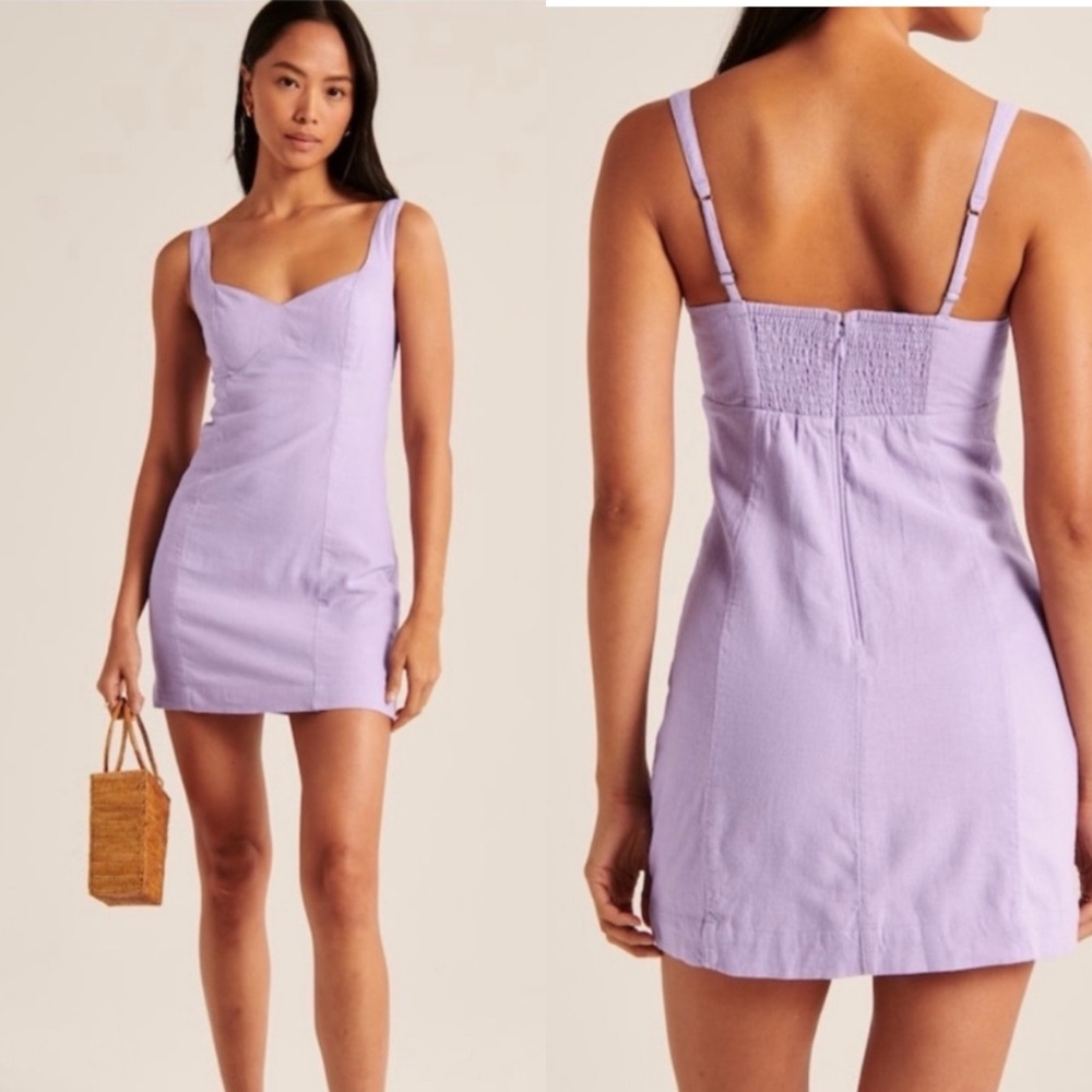 NWT Abercrombie Linen Blend Smocked Back Mini Dress in Lavender sz L tall
